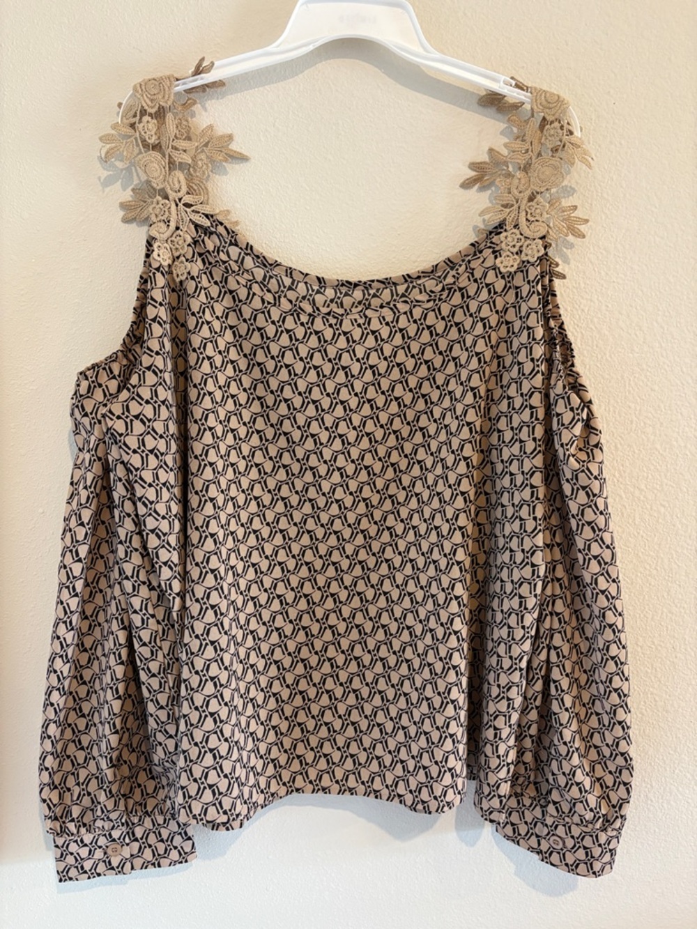 Tan and Black blouse with crochet sleeves